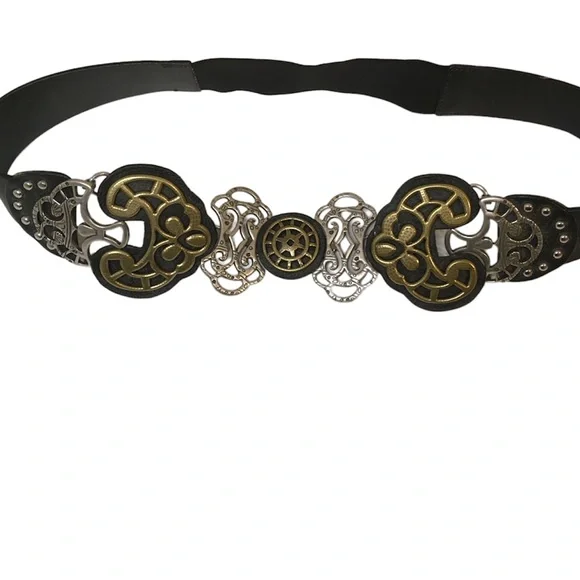 Chico’s Embellished Brass Tone Brown Leather & Elastic Strap Western Boho Belt Chicos Belt Womens Medium Brown Black Leather Leopard Brass  main image 4